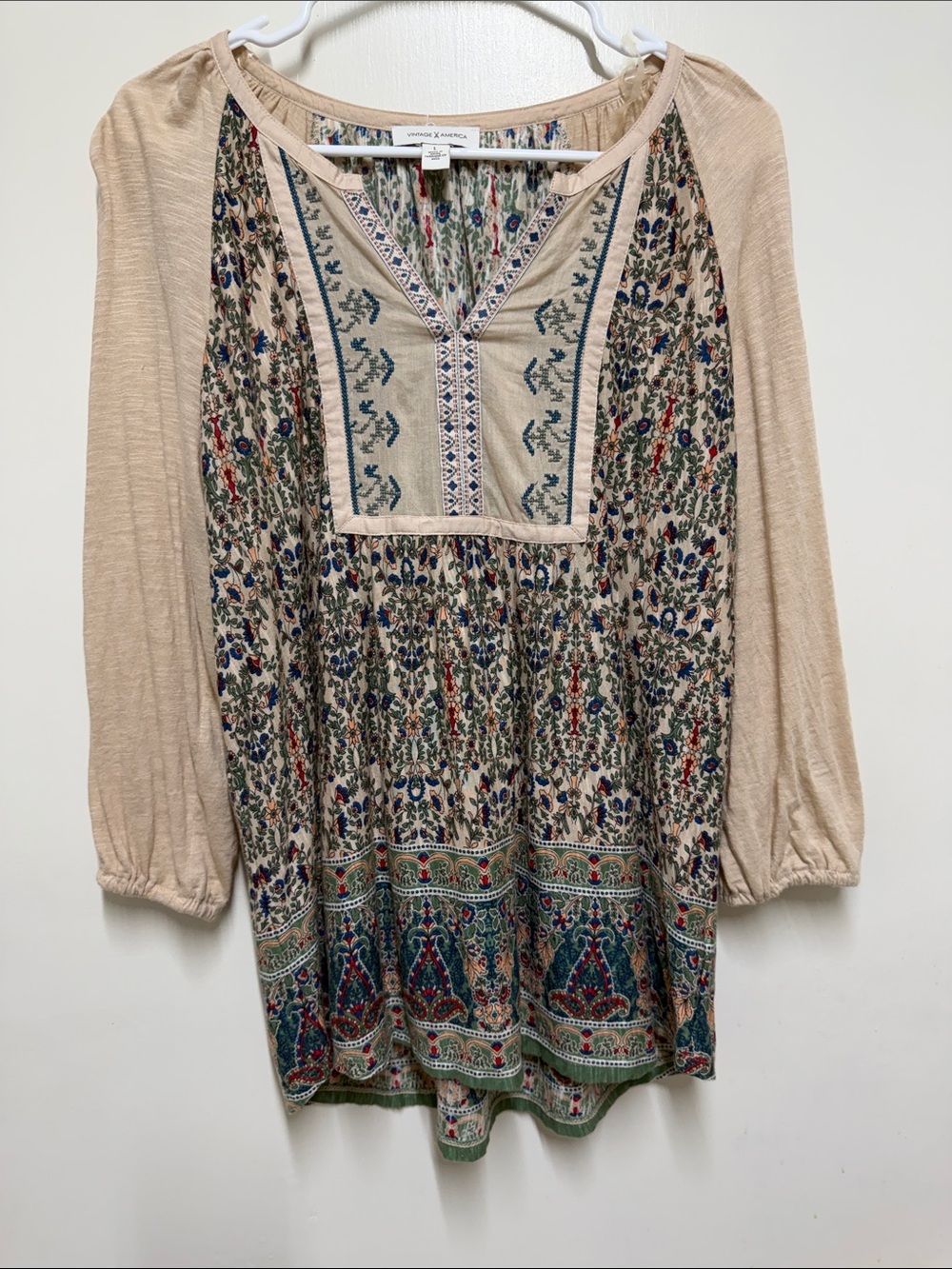 Vintage America Beige Floral-Print Embroidered Tunic